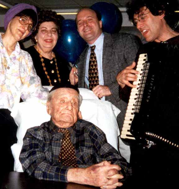 Picture: Ben Gailing's 100th Birthday Party, Hanukkah 1998. Behind Ben, left to right: Donna Halper, Edith Perry, Mark David, Hankus Netsky